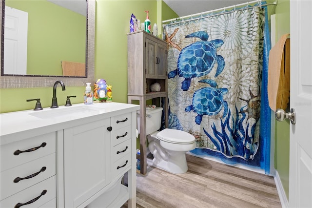 bathroom featuring vanity, wood-type flooring, and toilet