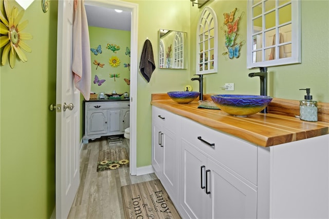 bathroom with hardwood / wood-style flooring, vanity, and toilet