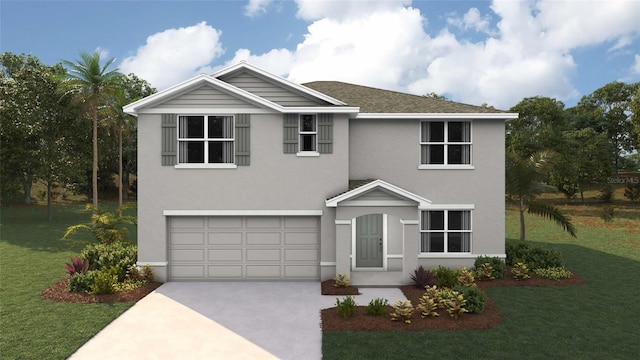 view of front of home featuring a front yard and a garage