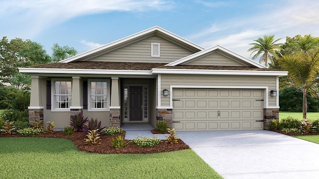 craftsman-style home featuring a front lawn and a garage