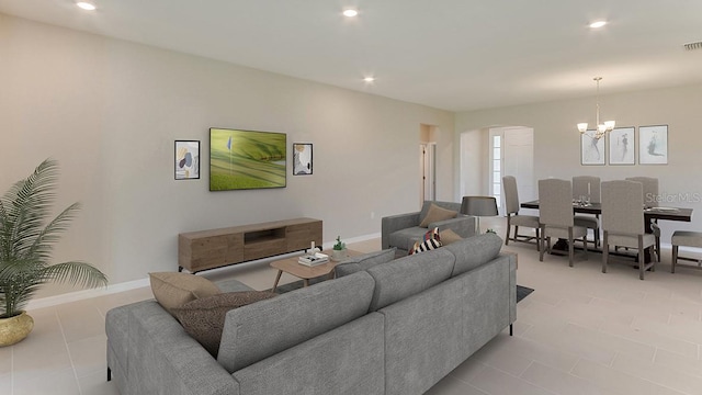 living room featuring an inviting chandelier