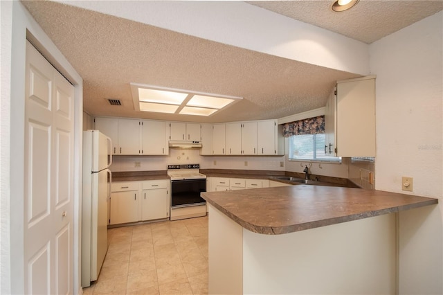 kitchen with kitchen peninsula, sink, white appliances, and a textured ceiling