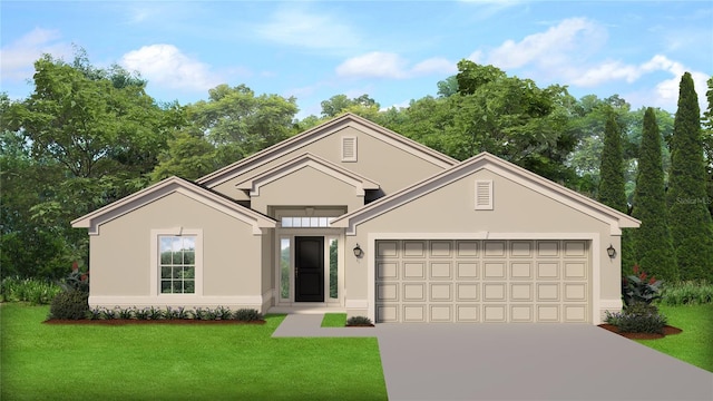 view of front of house featuring a garage and a front lawn