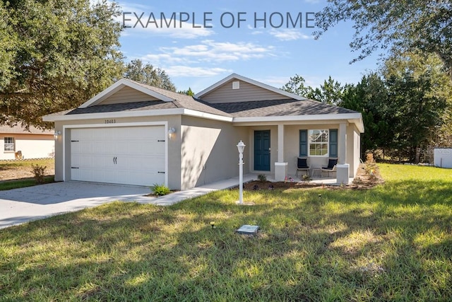 ranch-style house with a front lawn, a garage, and a porch