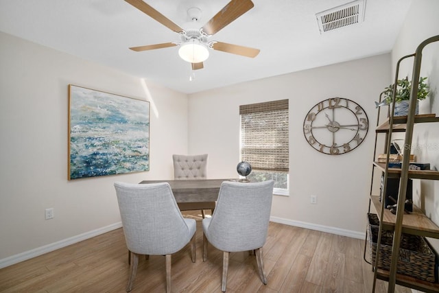 dining space with ceiling fan and light hardwood / wood-style floors