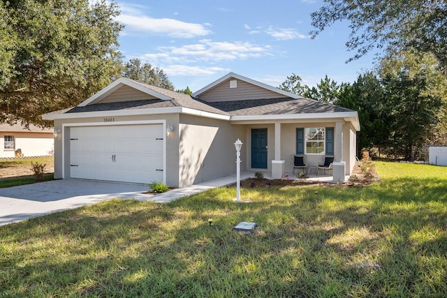 single story home featuring a front yard, covered porch, and a garage