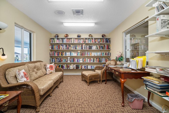 sitting room featuring carpet floors and a textured ceiling