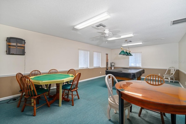 rec room with a textured ceiling, ceiling fan, pool table, and carpet floors