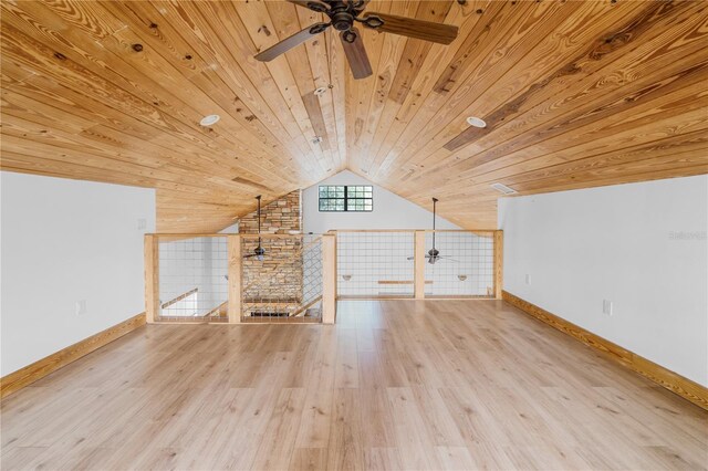 additional living space with ceiling fan, light hardwood / wood-style flooring, wooden ceiling, and lofted ceiling