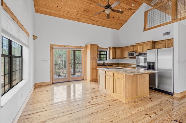 kitchen featuring a center island, high vaulted ceiling, sink, appliances with stainless steel finishes, and wood ceiling