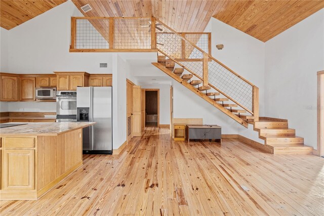 kitchen with light hardwood / wood-style flooring, high vaulted ceiling, wood ceiling, and appliances with stainless steel finishes