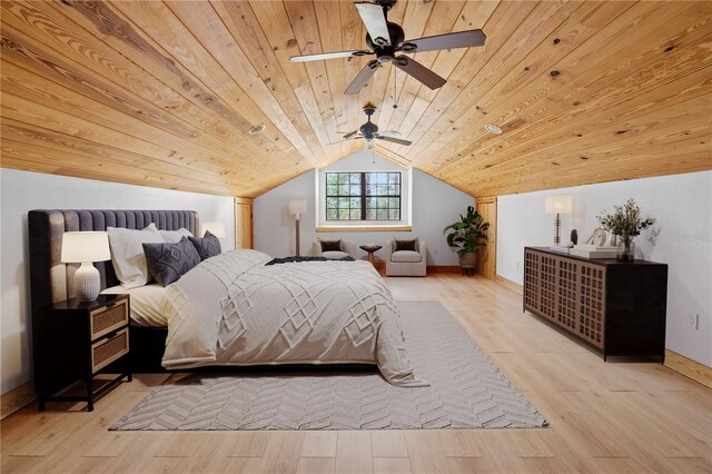 bedroom with ceiling fan, light hardwood / wood-style floors, wooden ceiling, and vaulted ceiling