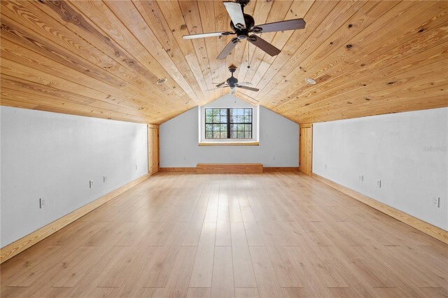 bonus room featuring ceiling fan, light hardwood / wood-style floors, wood ceiling, and vaulted ceiling