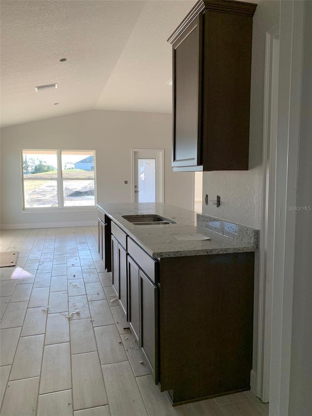 336 W Rexford Dr, Beverly Hills, FL 34465 - kitchen with light stone counters, dark brown cabinets, a textured ceiling, and lofted ceiling