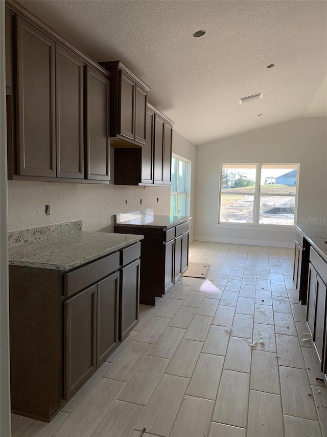 336 W Rexford Dr, Beverly Hills, FL 34465 - kitchen featuring light stone countertops, visible vents, lofted ceiling, dark brown cabinetry, and a textured ceiling