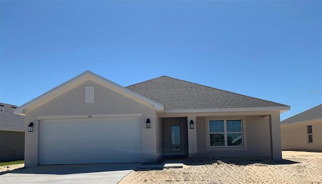 336 W Rexford Dr, Beverly Hills, FL 34465 - ranch-style house with stucco siding, driveway, an attached garage, and a shingled roof