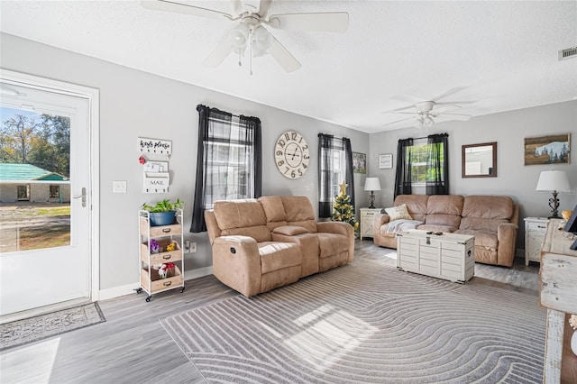 living room featuring ceiling fan, wood-type flooring, and a textured ceiling