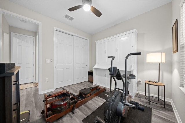 workout room featuring ceiling fan and hardwood / wood-style floors