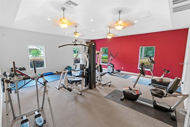 workout area featuring a tray ceiling