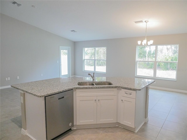 kitchen featuring sink, stainless steel dishwasher, white cabinets, and decorative light fixtures