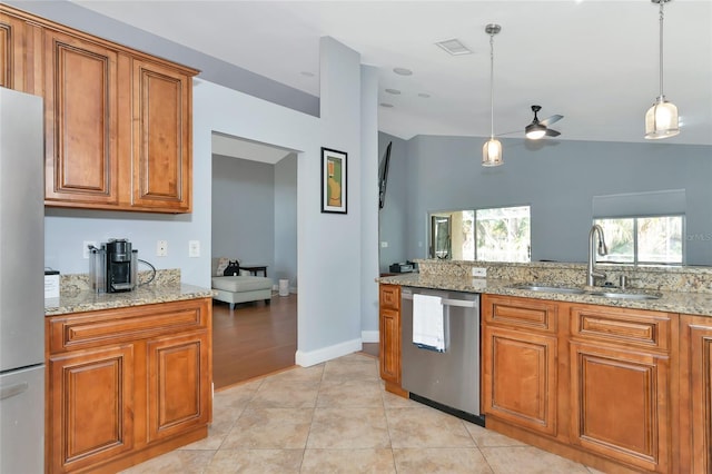 kitchen with sink, ceiling fan, dishwasher, hanging light fixtures, and white refrigerator