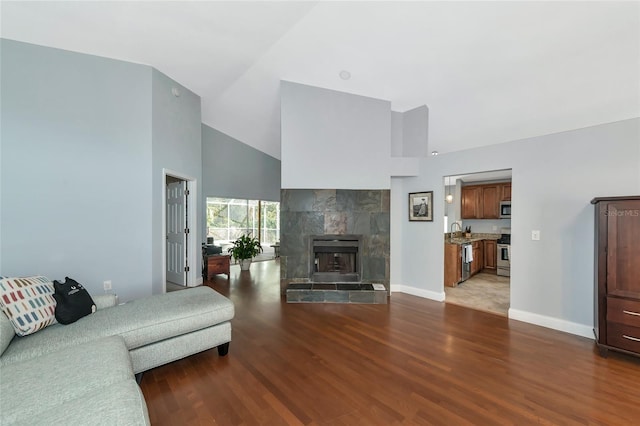 living room with vaulted ceiling, wood-type flooring, a stone fireplace, and sink