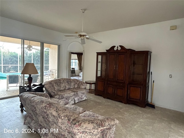 living room with ceiling fan