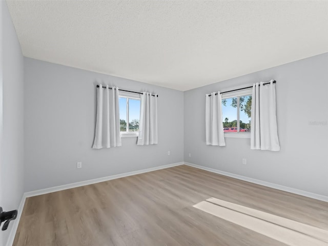 empty room with light hardwood / wood-style floors, a textured ceiling, and a wealth of natural light