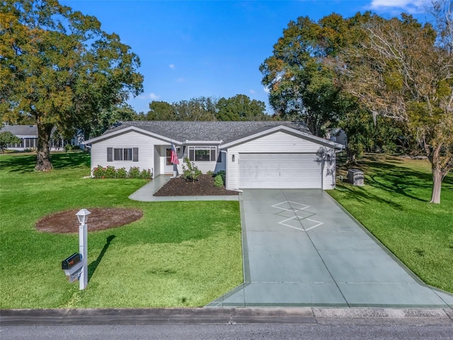 ranch-style home with a garage and a front yard