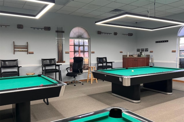 playroom with a paneled ceiling, carpet floors, and billiards