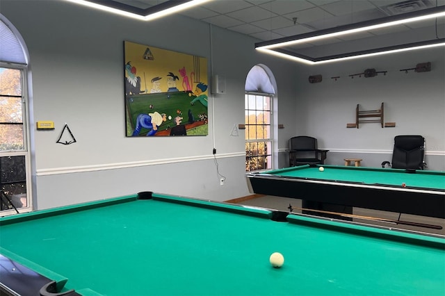 game room featuring a drop ceiling, a healthy amount of sunlight, and pool table