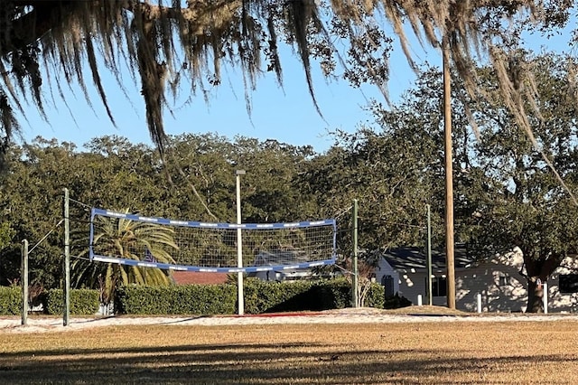 view of property's community featuring volleyball court and a lawn