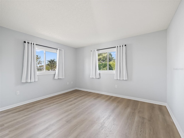 spare room featuring a textured ceiling, light wood-type flooring, and a healthy amount of sunlight