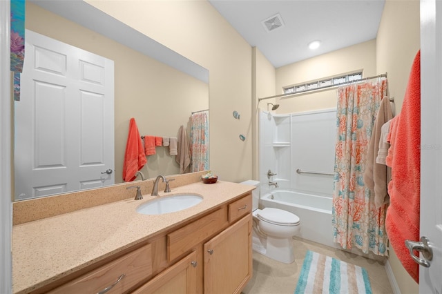 full bathroom featuring tile patterned flooring, vanity, toilet, and shower / bathtub combination with curtain