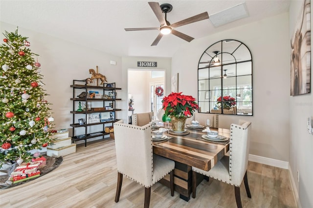 dining space with ceiling fan, a healthy amount of sunlight, and light wood-type flooring