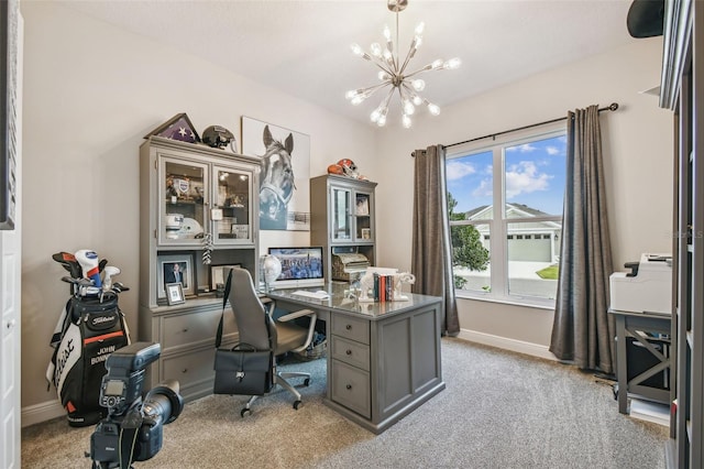 office area featuring light carpet and a notable chandelier