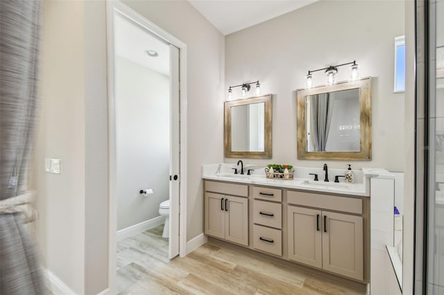 bathroom featuring vanity, wood-type flooring, and toilet