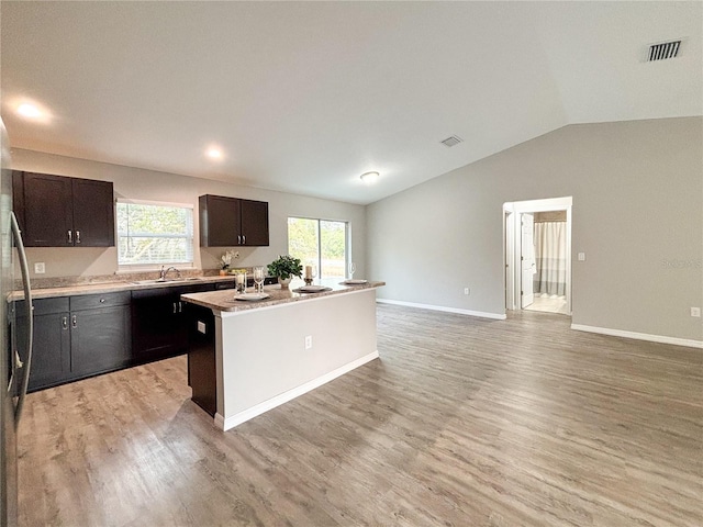 kitchen featuring lofted ceiling, a center island, light wood-type flooring, and a wealth of natural light