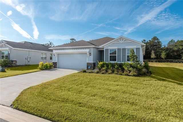 single story home with central air condition unit, a front lawn, and a garage