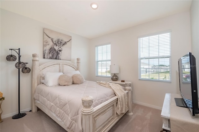 bedroom with light carpet