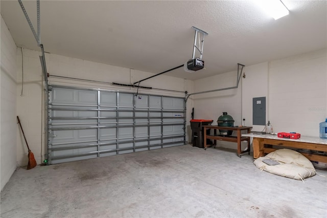 garage with a garage door opener and electric panel