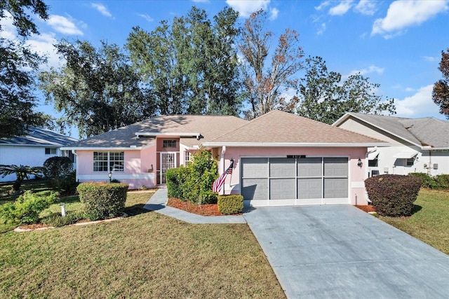 ranch-style home featuring a garage and a front lawn