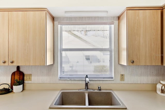 kitchen featuring light brown cabinetry, sink, and tasteful backsplash