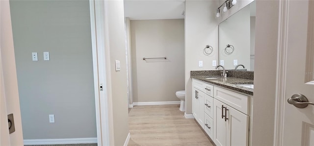 full bathroom featuring toilet, wood finished floors, a sink, baseboards, and double vanity