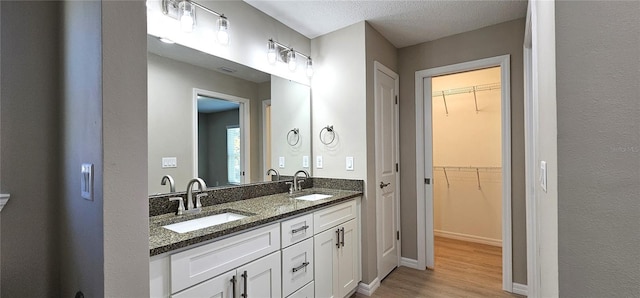 bathroom with a sink, a spacious closet, baseboards, and wood finished floors