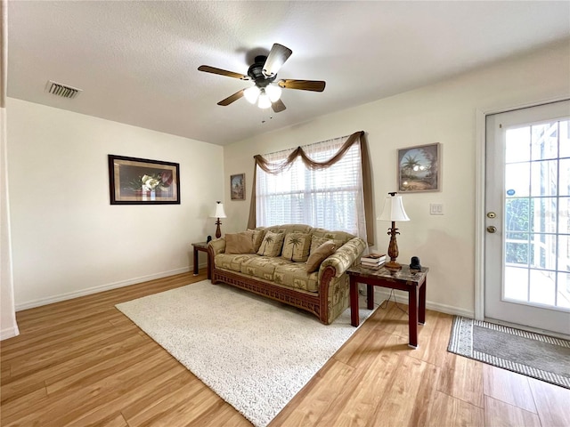 living room with light wood-type flooring, plenty of natural light, a textured ceiling, and baseboards