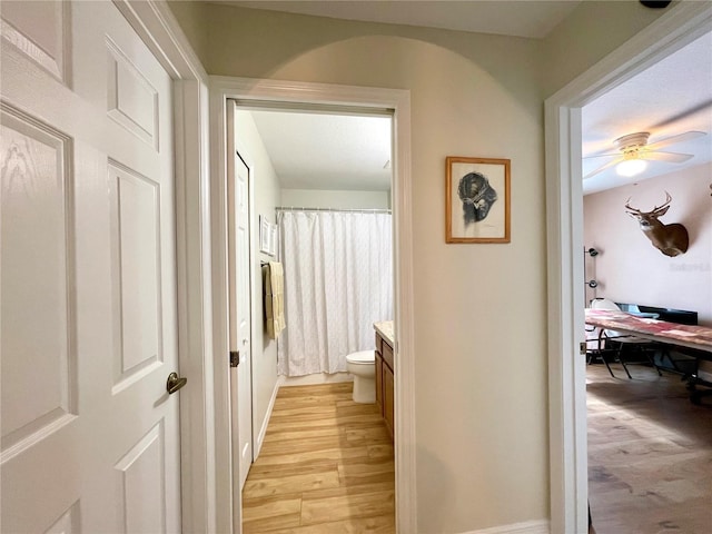 corridor featuring light wood-type flooring and arched walkways