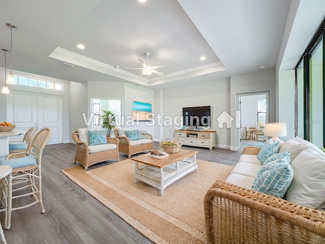 living room with a raised ceiling, a wealth of natural light, and wood-type flooring