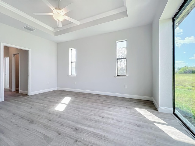 spare room with a raised ceiling, ornamental molding, and light wood-type flooring