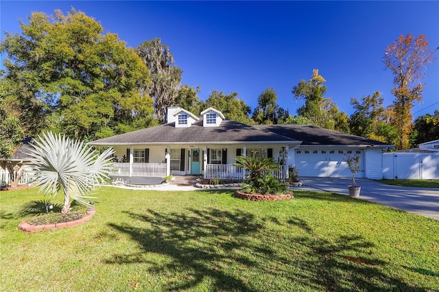 single story home featuring a front yard, a porch, and a garage